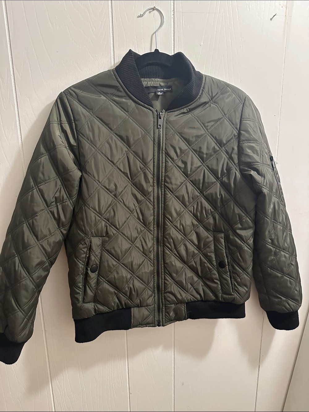 Harve Benard Olive Quilted Bomber Jacket with Black Rib Trim